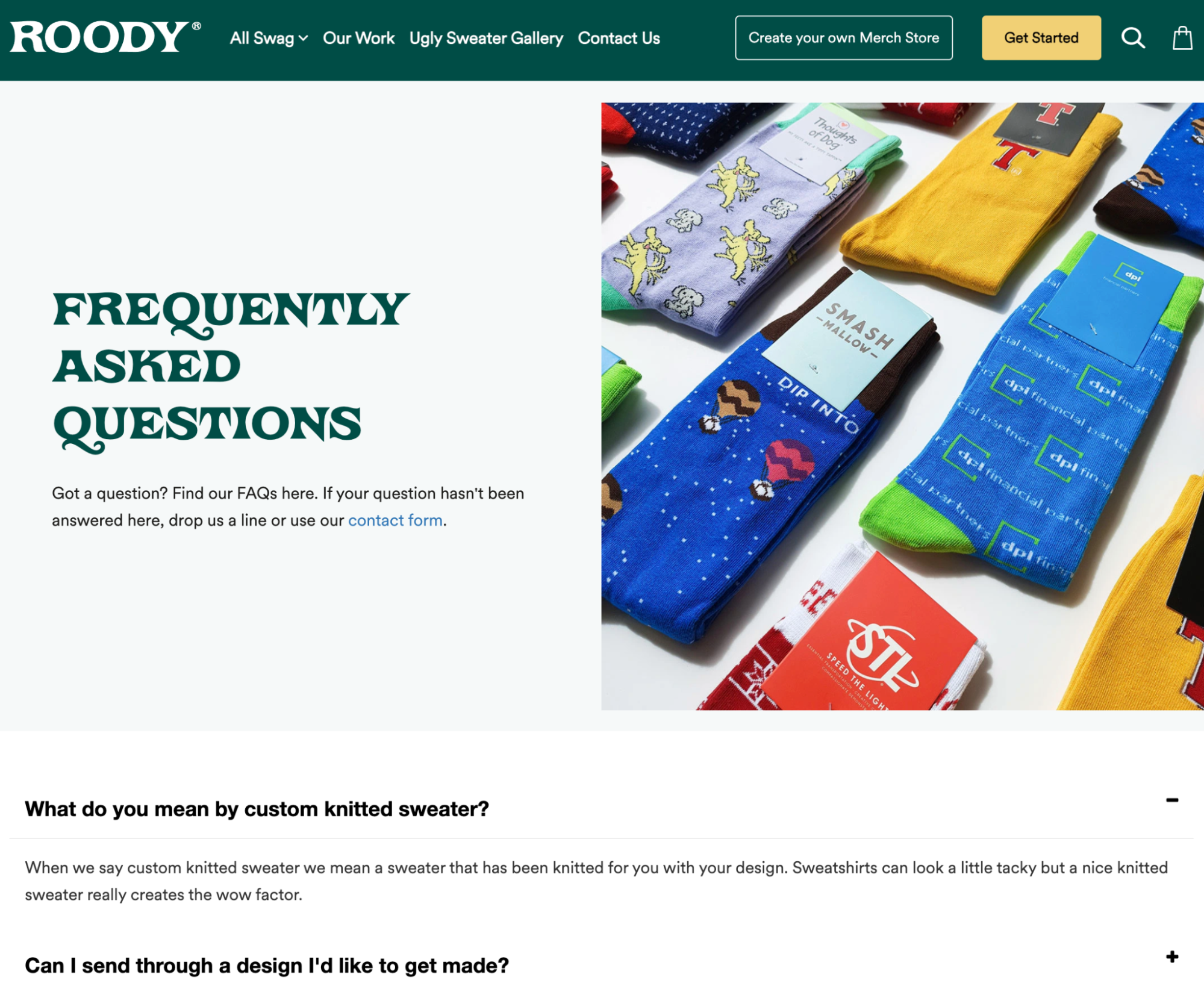 Roody’s FAQ page with a product image and product information written in a casual brand voice.