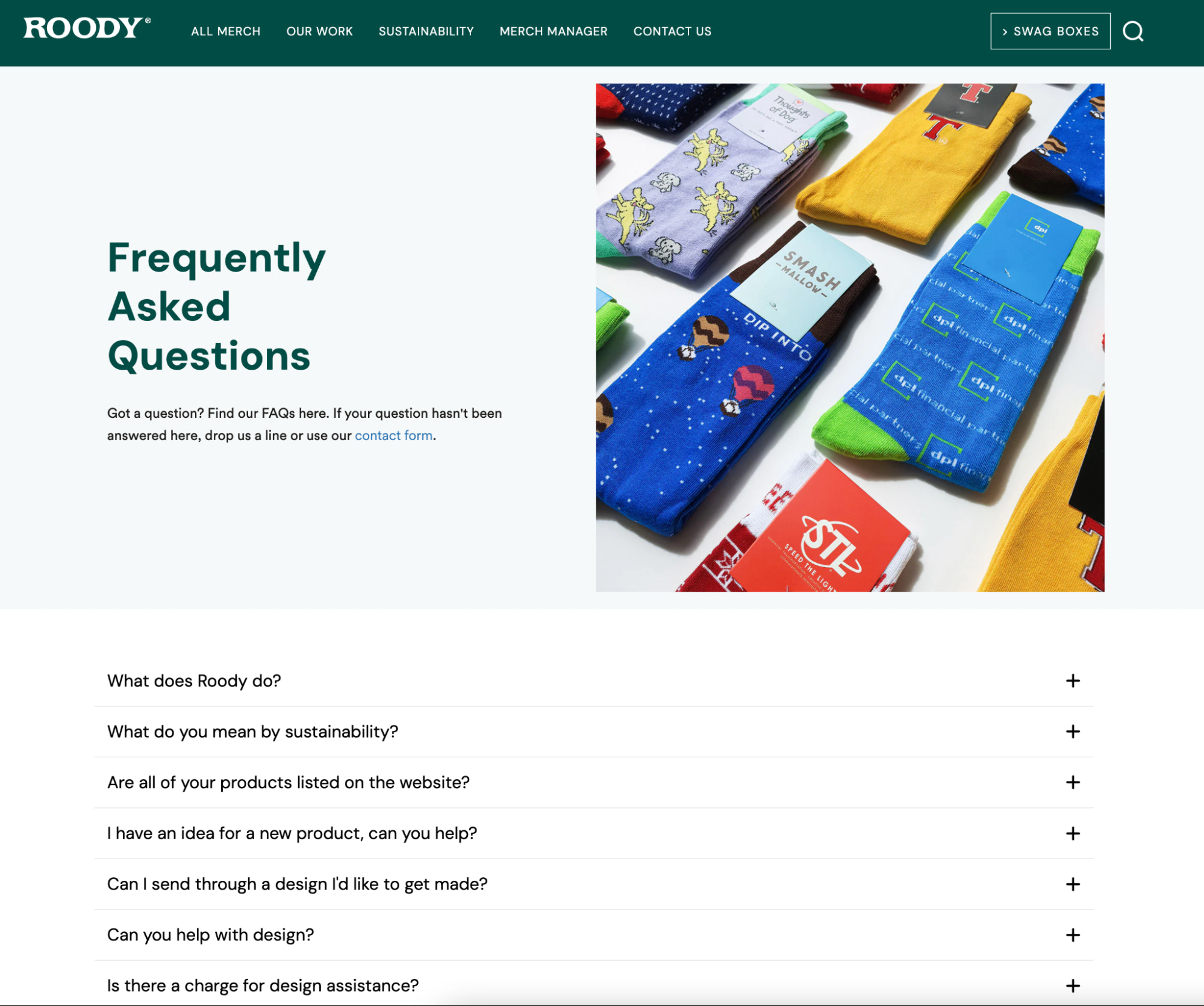 Roody’s FAQ page with a product image and product information written in a casual brand voice.