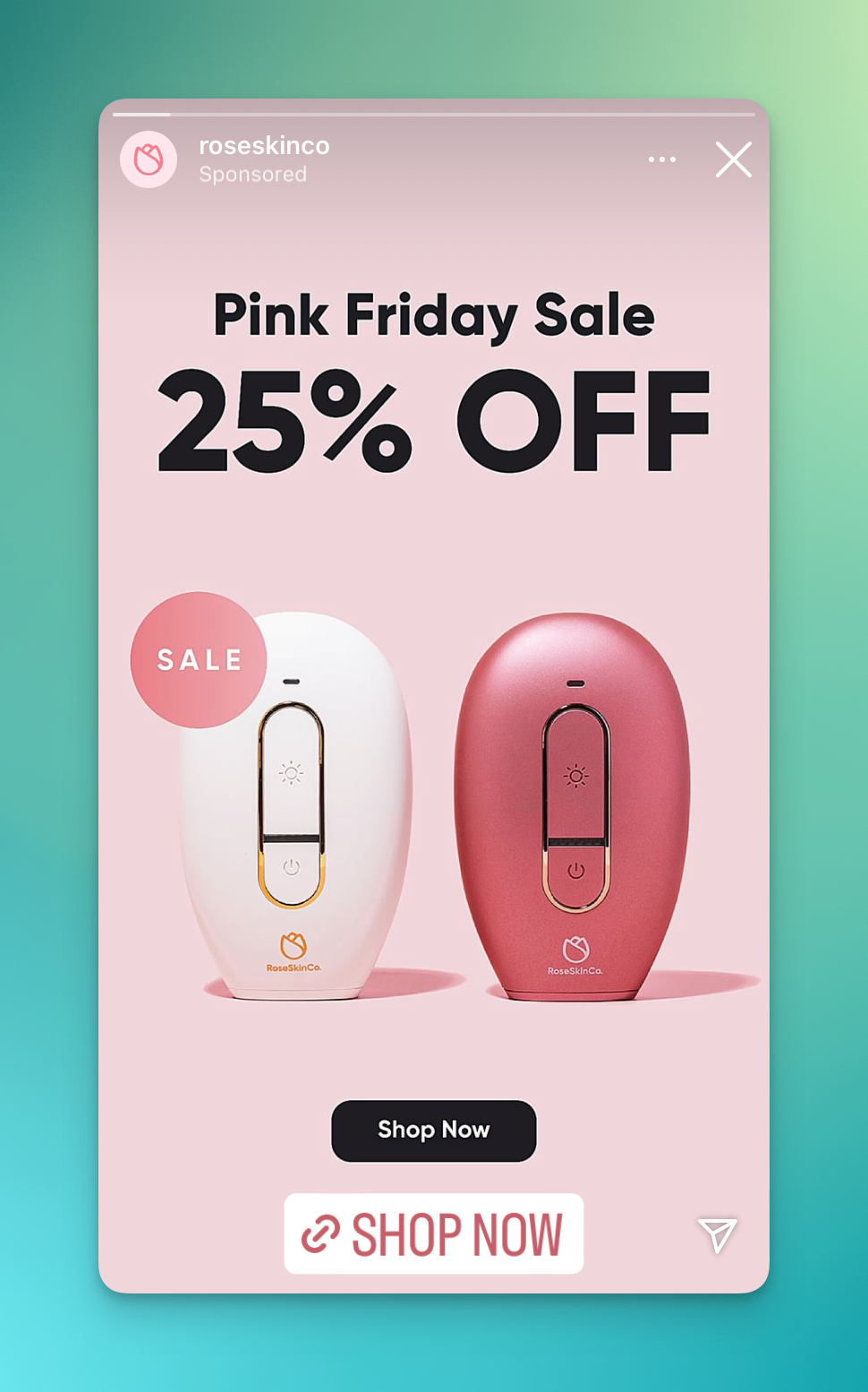 An Instagram Story ad from RoseSkinCo. featuring two handheld laser hair removal devices in white and hot pink