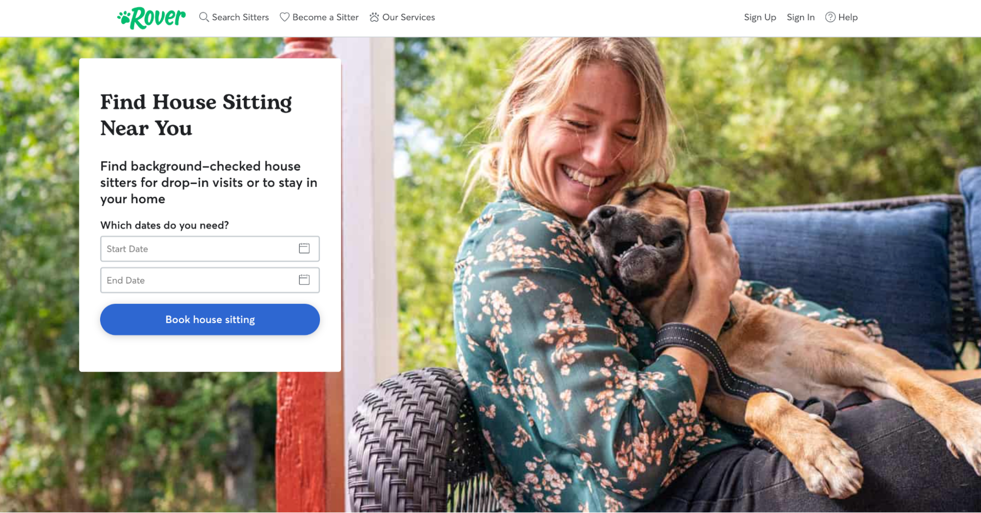 A landing page for the website Rover, which connects pet owners with pet sitters.