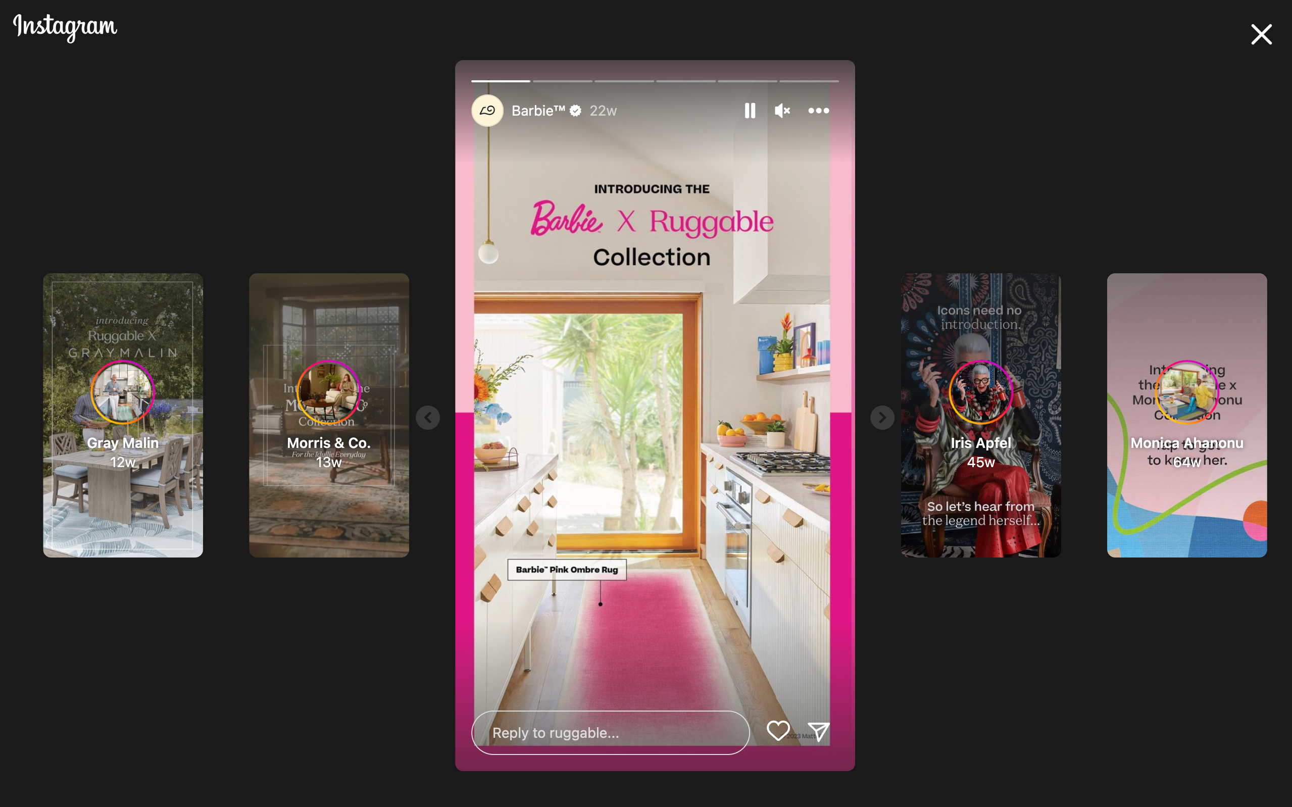 A series of Instagram Stories highlights from Ruggable, featuring a Barbie collab