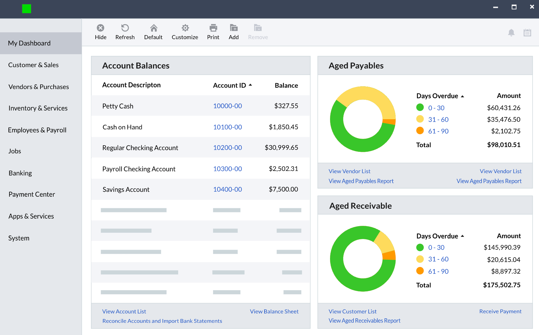 Sage50 accounting software dashboard showing account balances