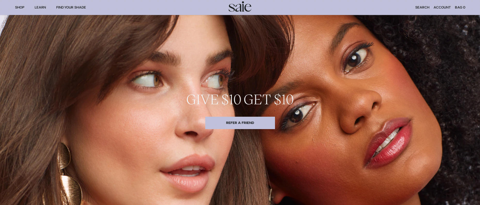 Screenshot of the Saie refer a friend landing page showing Saie's referral incentive on top of two women wearing Saie products