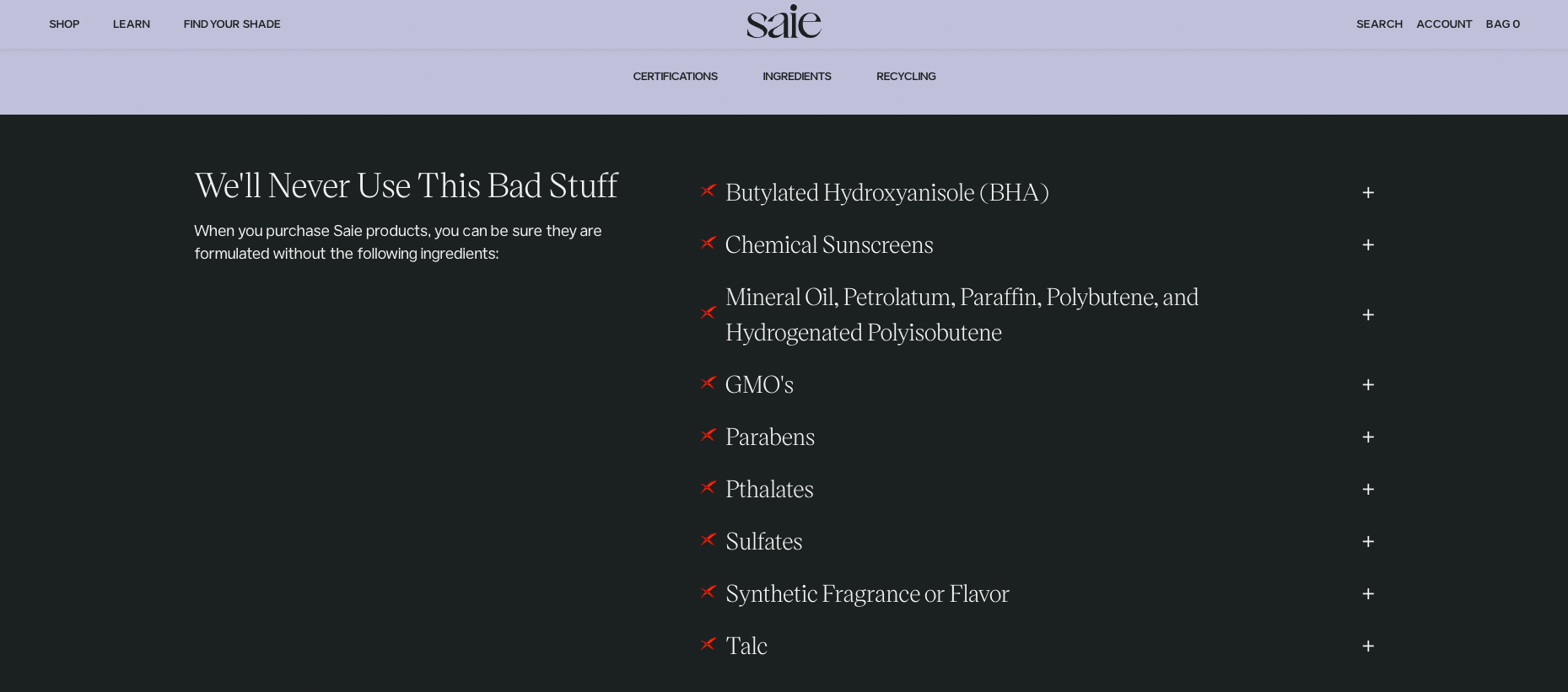 A screenshot of the ingredients Saie won't ever use