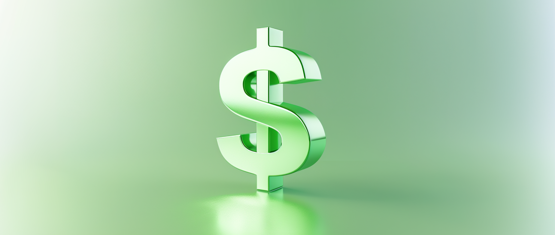 A 3D green dollar sign on a light green background.