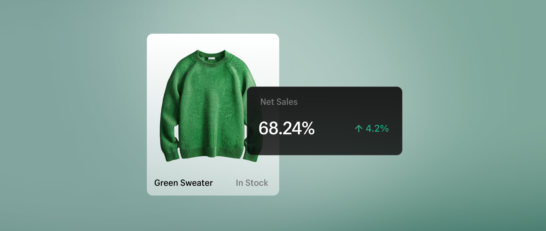 A green sweater with net sales stats on a light green background.