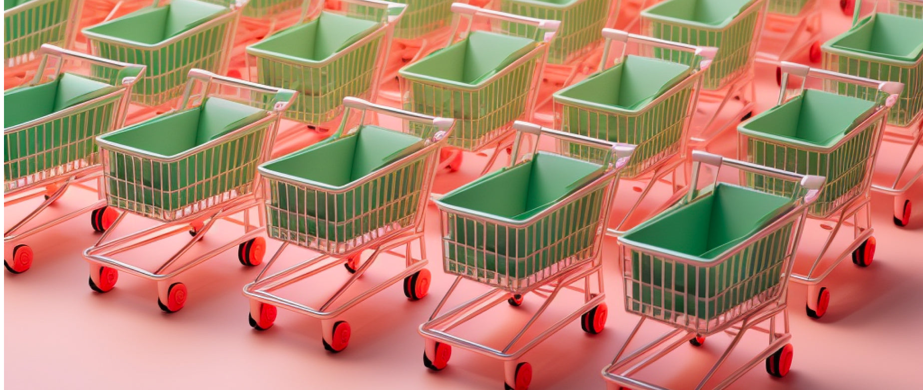 three rows of mint green shopping carts against a pink backdrop: sales process