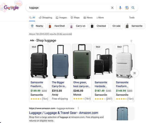 Shopping ads on Google for the search term “luggage” show a black suitcase from Samsonite and blue and gray suitcases from Away and Monos.