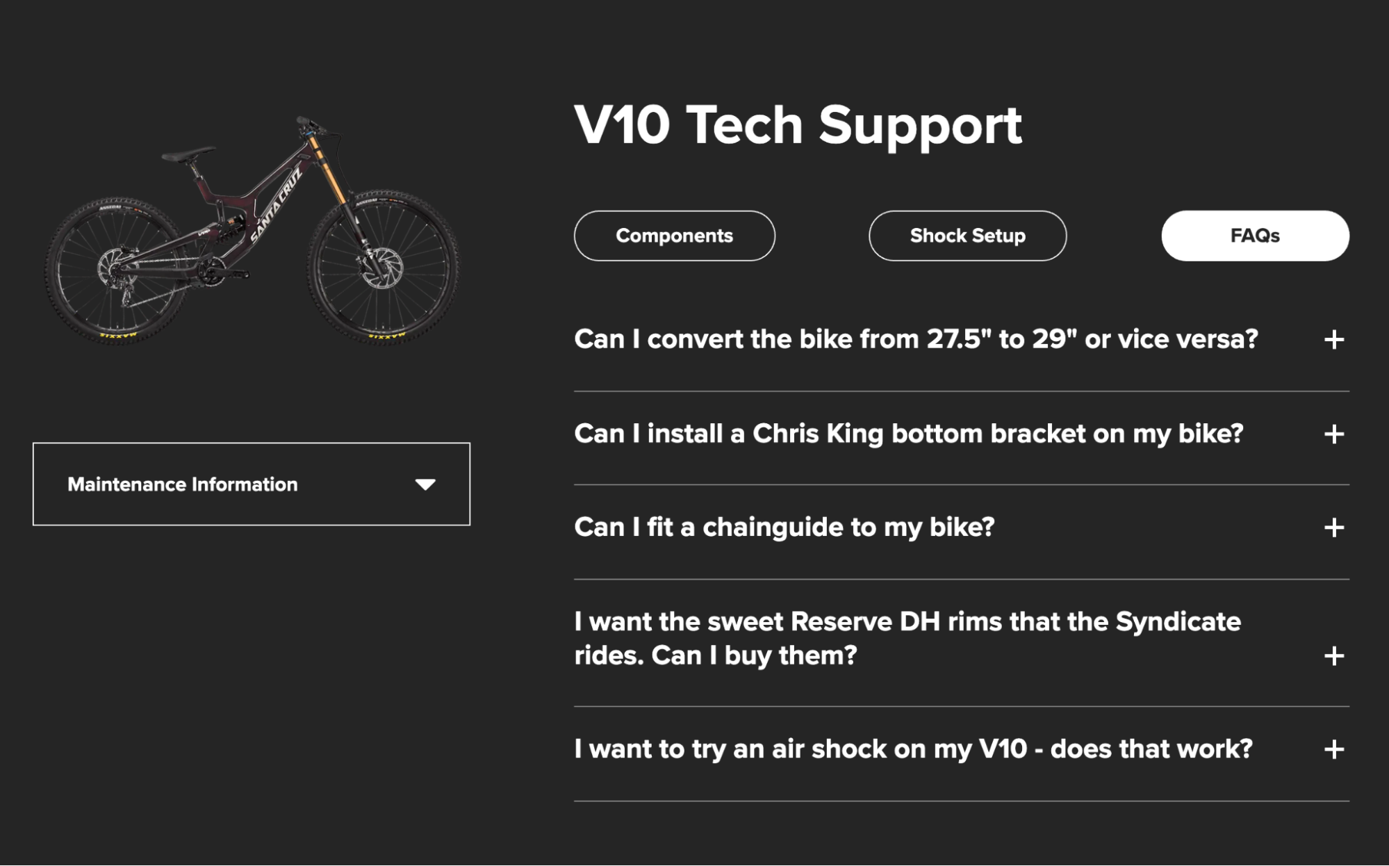 FAQ section on the V10 Tech Support product page for Santa Cruz Bicycles