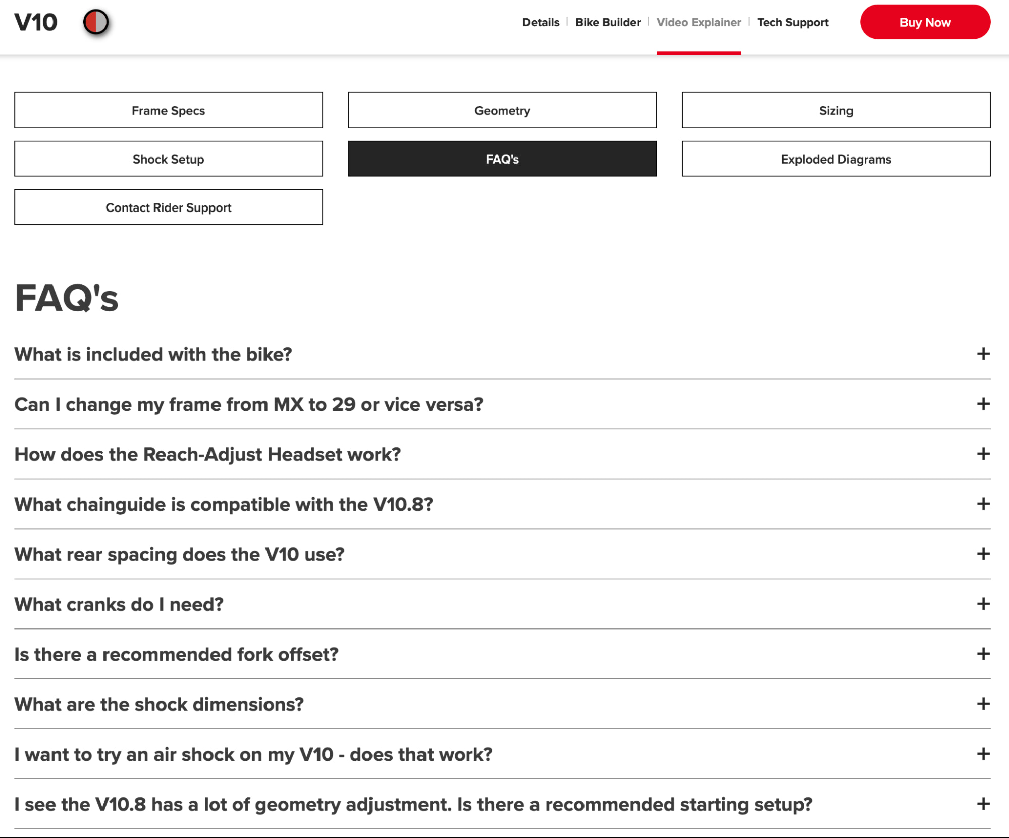 FAQ section on the V10 Tech Support product page for Santa Cruz Bicycles
