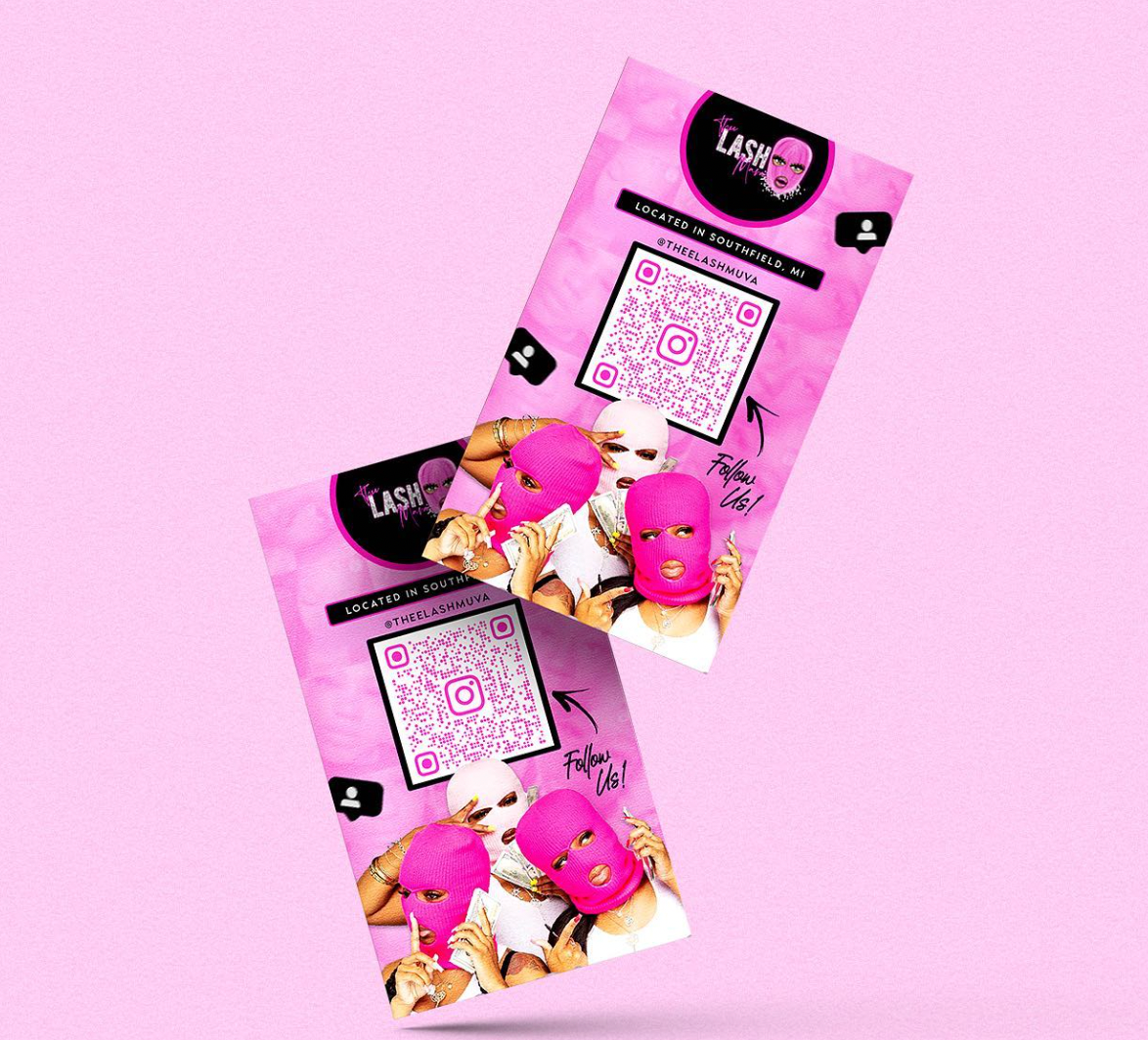 Pink business cards featuring an Instagram QR code and an image of 3 women wearing balaclavas.