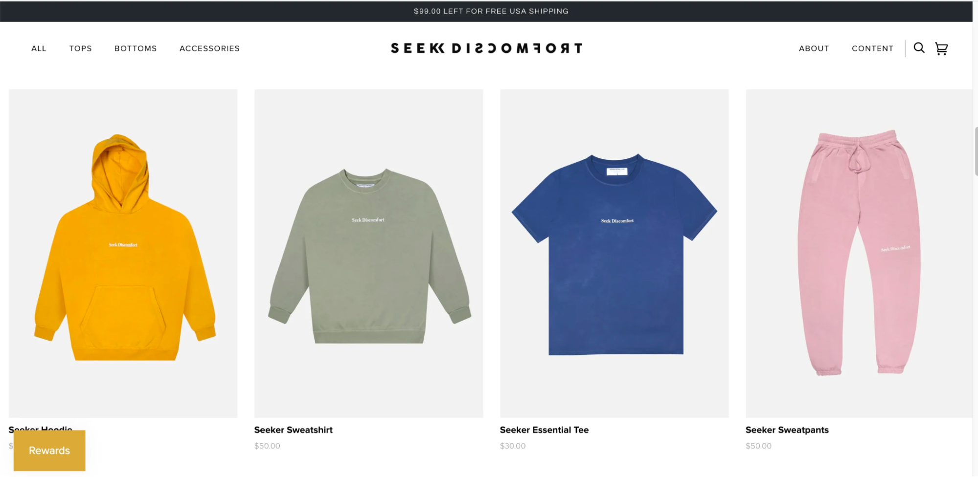 The Seek Discomfort网站上颜色鲜艳的T恤，运动衫和裤子