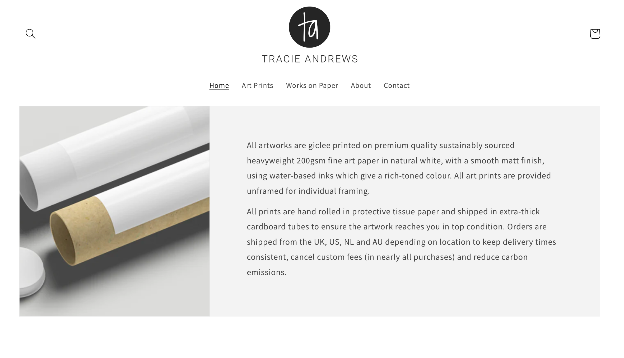 A webpage on artist Tracie Andrews' ecommerce site