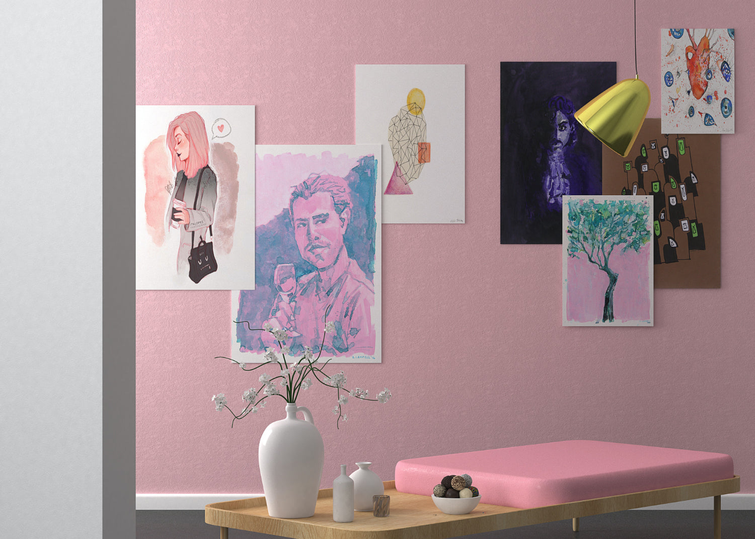 Art hangs on the wall in a modern pink-painted space