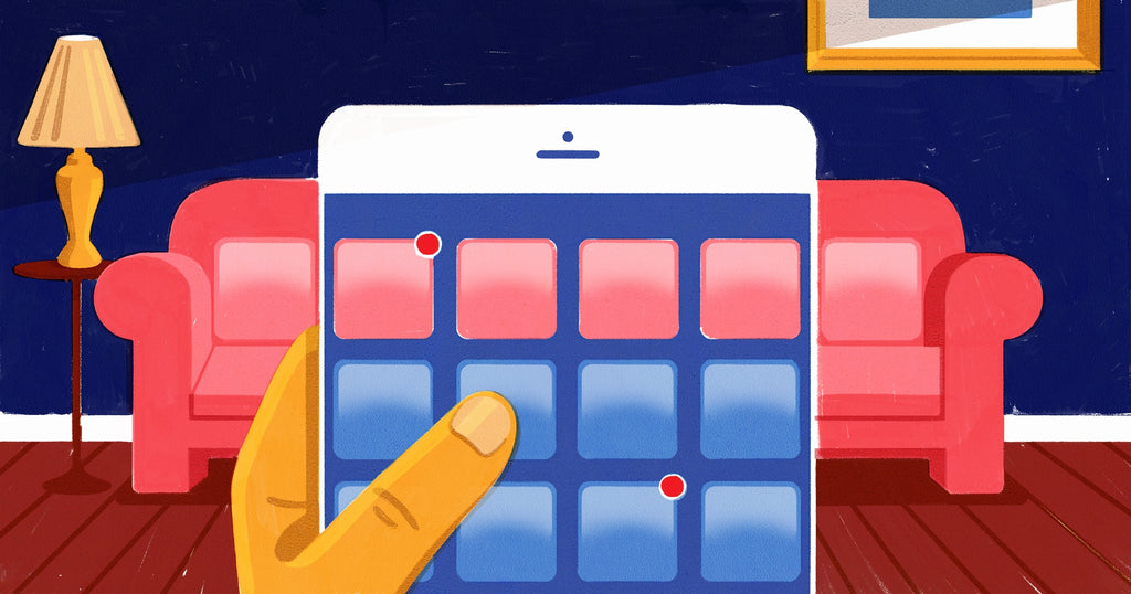 Illustration of a person shopping for furniture online: close up of hand holding a phone. App icons mimic the appearance of pillows on a couch in the background
