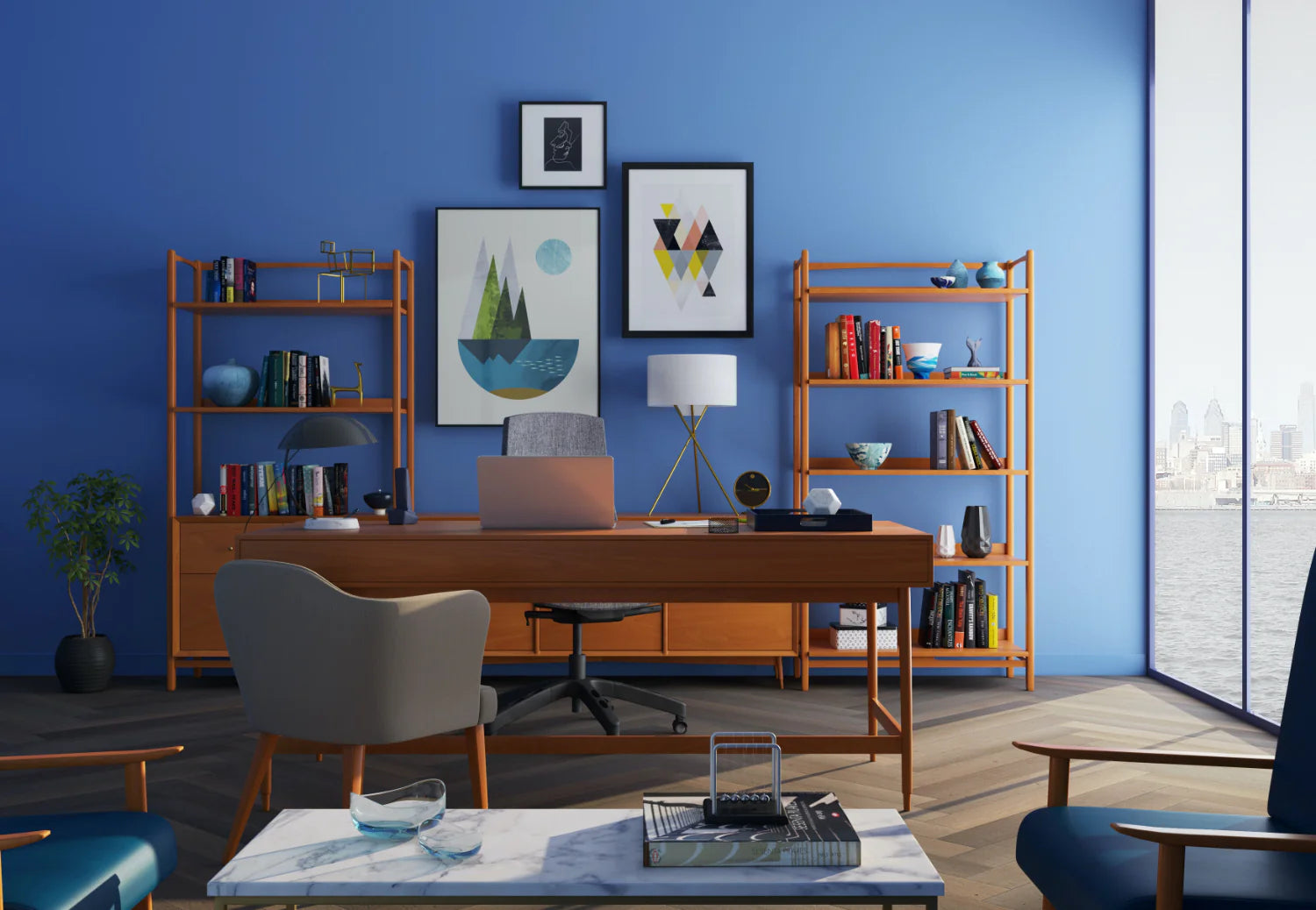 A home office with bright blue walls and modern MCM decor