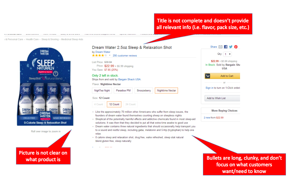 An example of a product for sale on Amazon that could use some optimizations