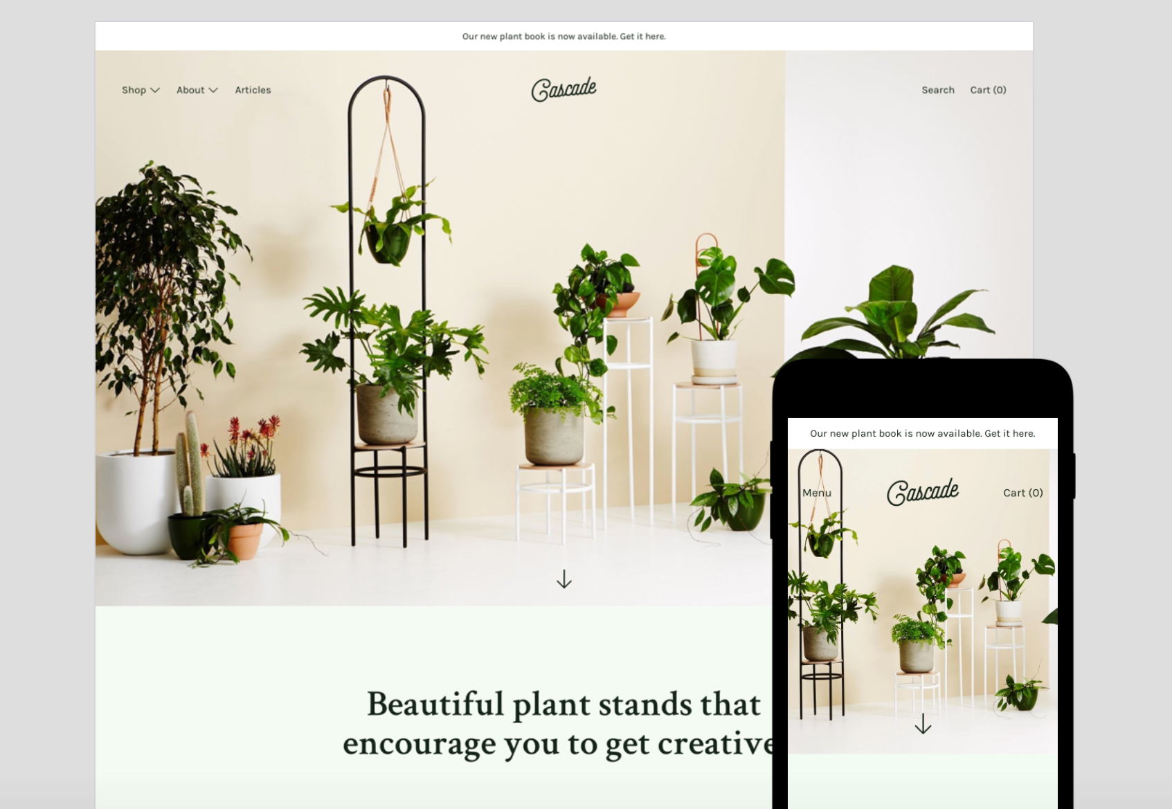 Beispiel für die Anwendung des Cascade Shopify-Themes auf einen Mustershop zum Pflanzen verkaufen