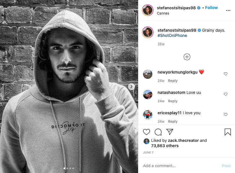 Instagram post of stefanostsitsipas98 wearing his Seek Discomfort hoodie