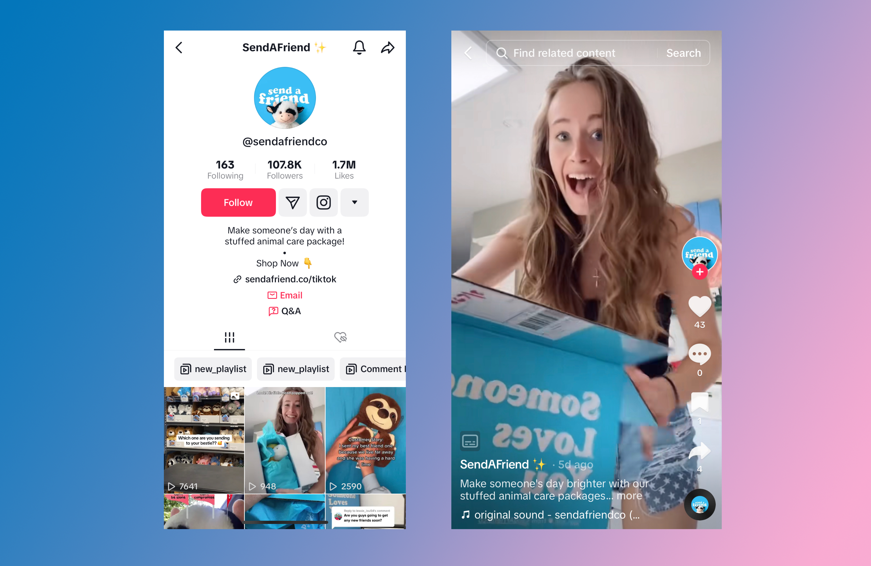 Side by side mobile screens showing a TikTok marketing example by Send a Friend