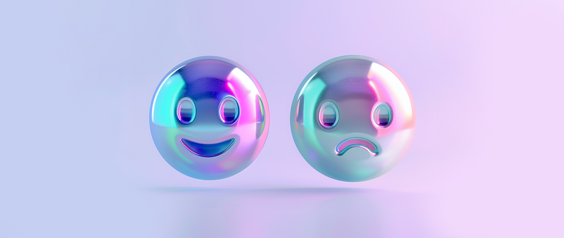 Two silver spheres with faces, one with a smile and one with a frown on a light purple background