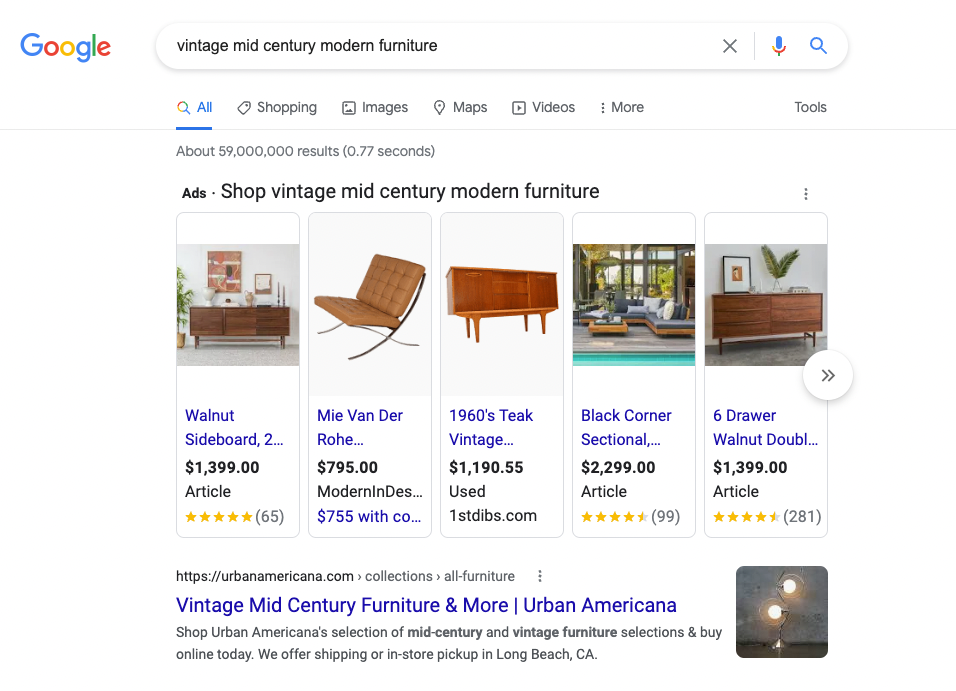谷歌搜索老式中世纪现代家具的屏幕截图