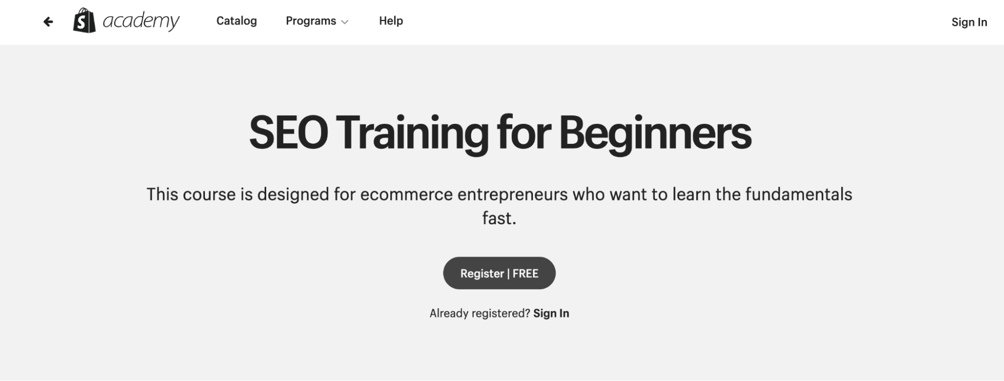 Landing page for SEO training for Beginners course by Shopify