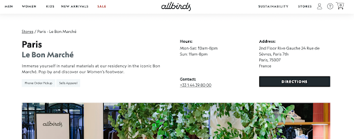 Allbirds’ local landing page showing the opening hours, phone number, and address for its Paris store.