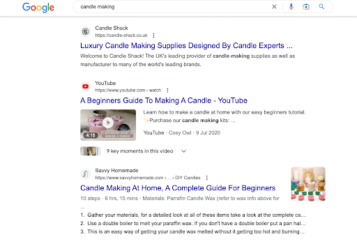 Google search results for “candle making” showing a mixture of blog posts and YouTube videos.