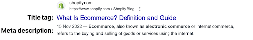 Google search results for “what is ecommerce?” with annotated title tag in blue and meta description in gray.