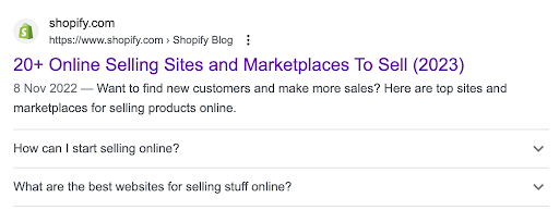 Shopify’s search result with two dropdown question boxes: “How can I start selling online?” and “What are the best websites for selling stuff online?”