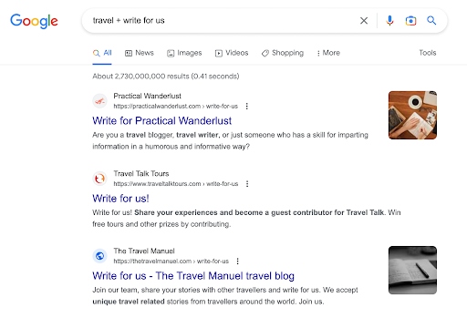 Search results for “travel + write for us” with three publications looking for travel-related guest posts.