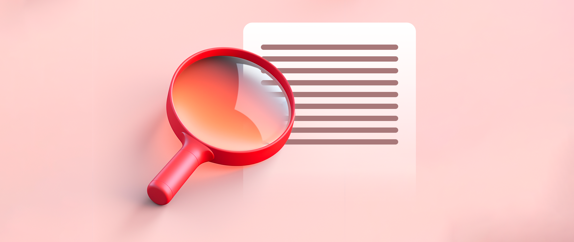 A magnifying glass with a white paper icon on a light pink background.