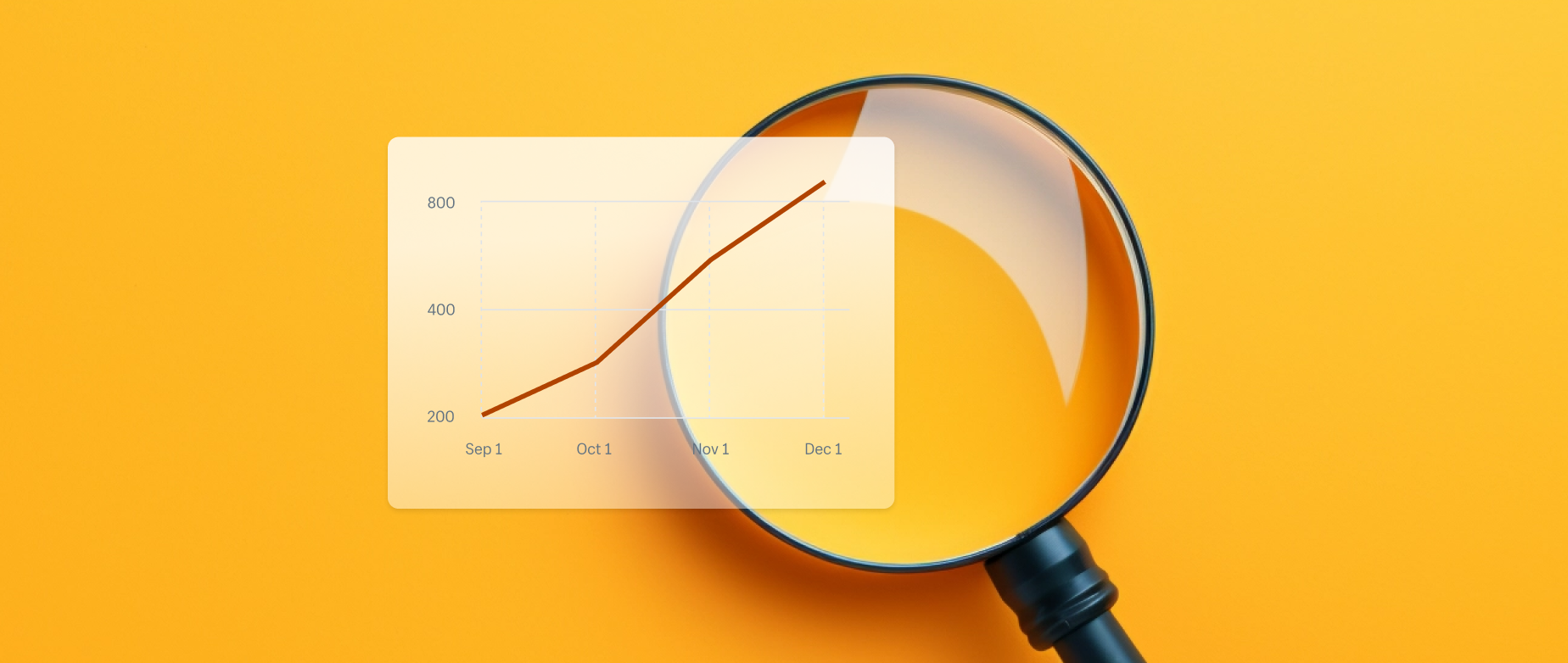 A line graph with a magnifying glass behind it on a yellow background.