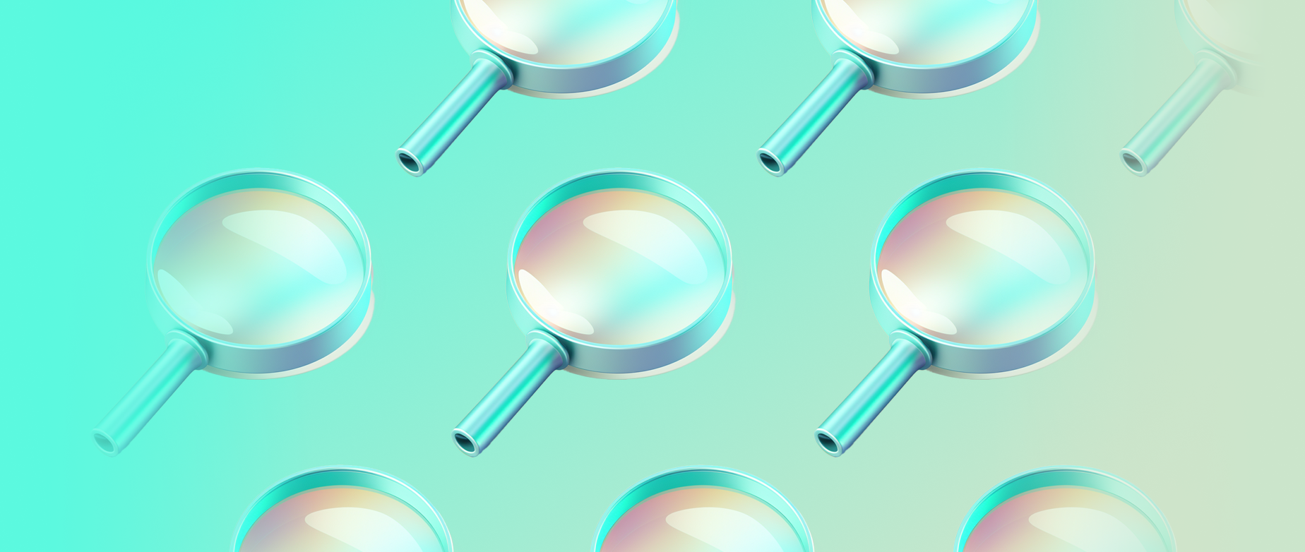 An array of magnifying glasses on a teal background.