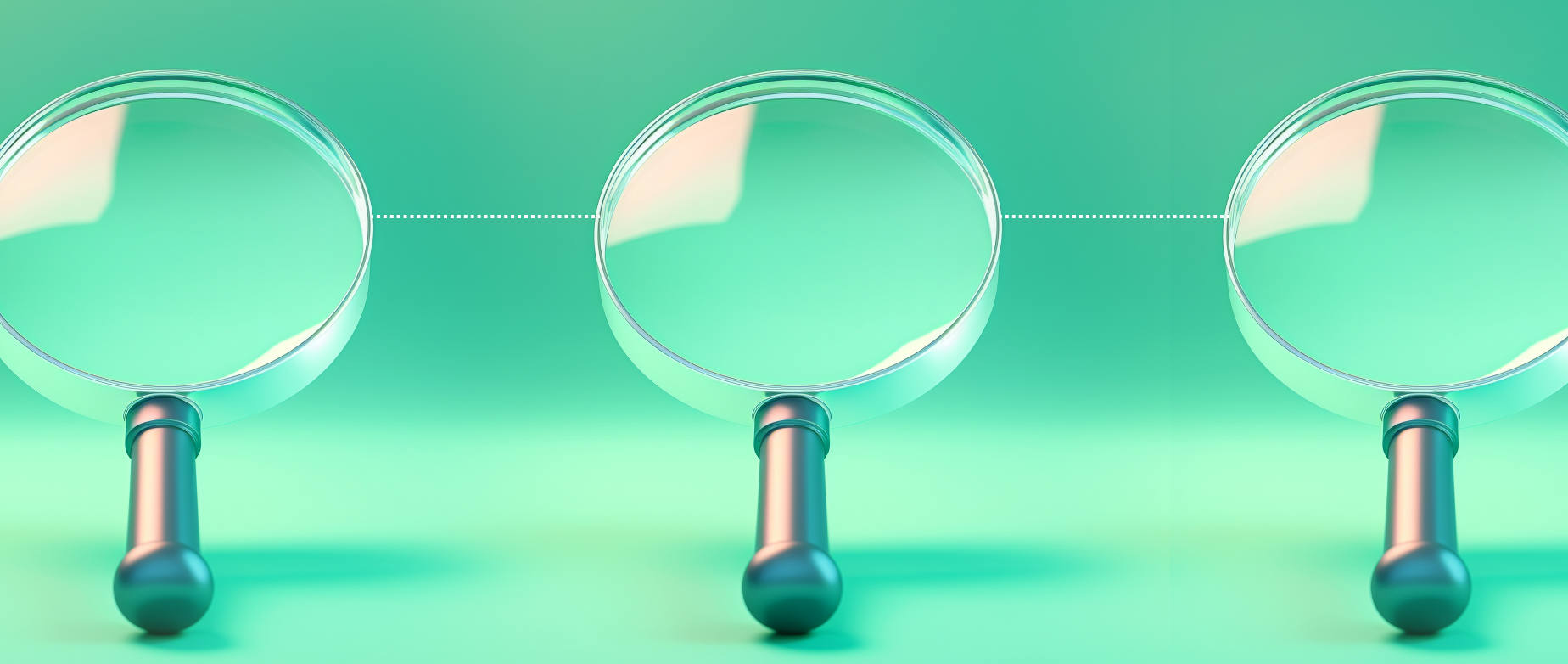 Three magnifying glasses connected by a dotted white line on an aqua background.