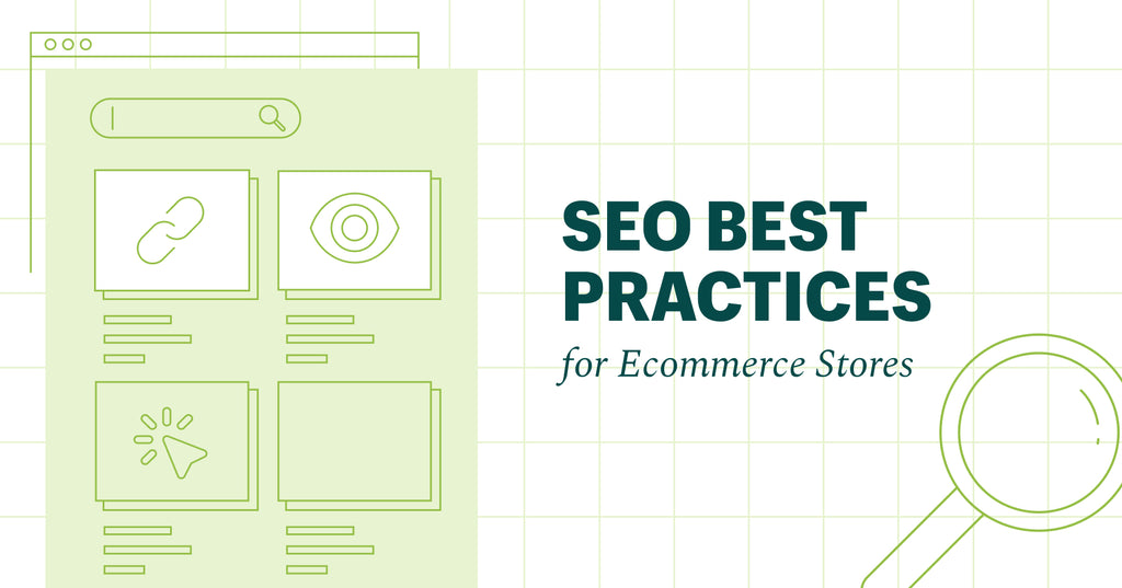The words SEO best practices for ecommerce stores next to a stylized search engine