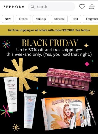 The banner on Sephora’s homepage promotes its free shipping deal on Black Friday