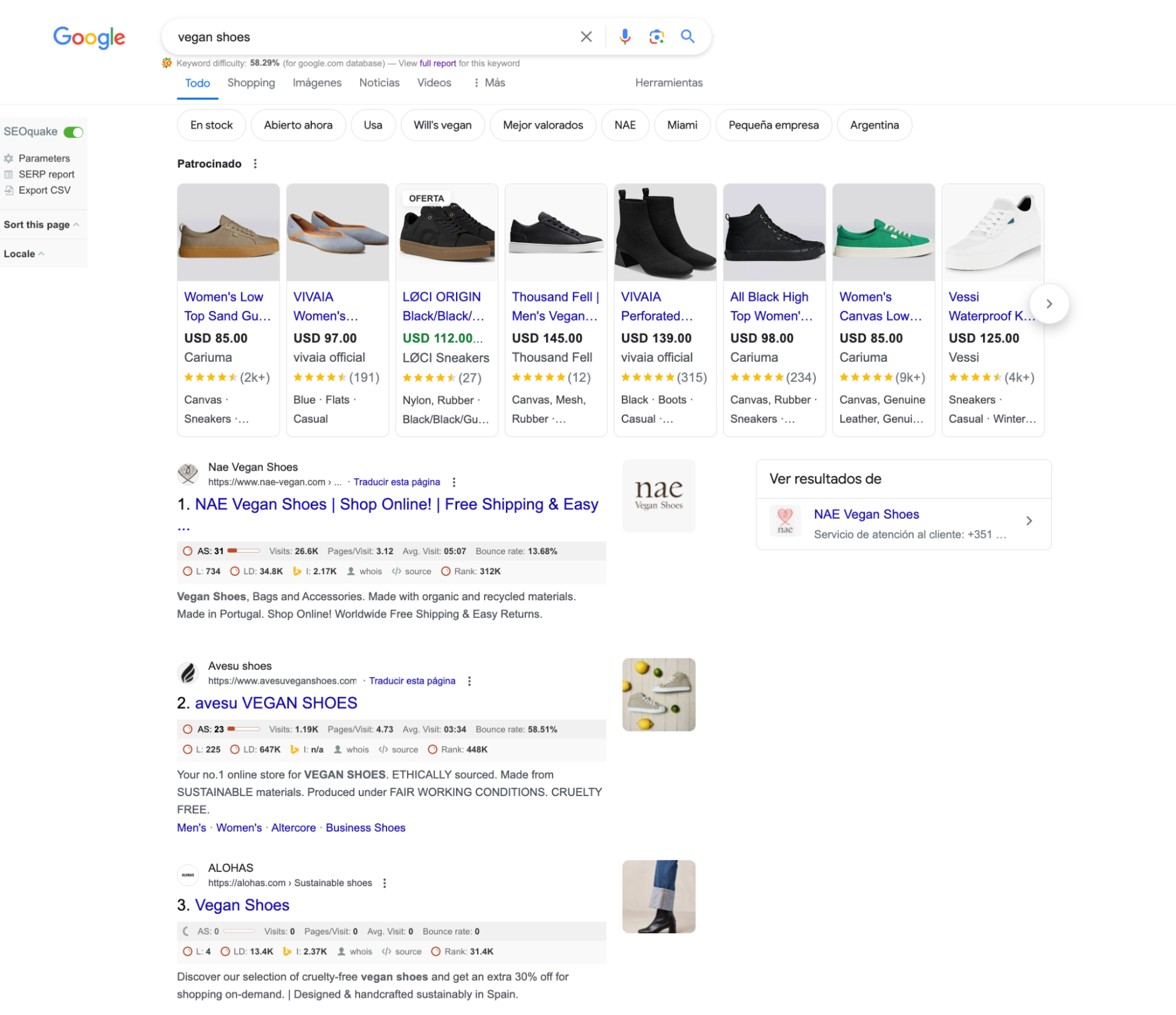Google search for “vegan shoes” with sponsored ads and organic results for vegan brands.