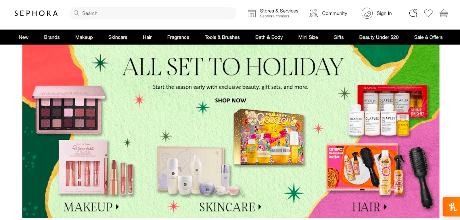 The Sephora homepage at Christmas