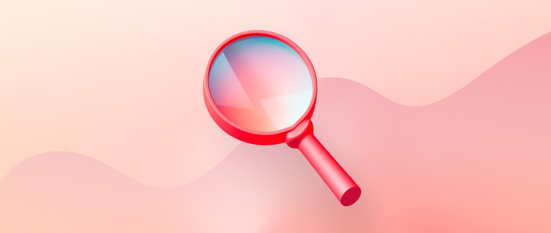 A red magnifying glass on a light red and peach background.
