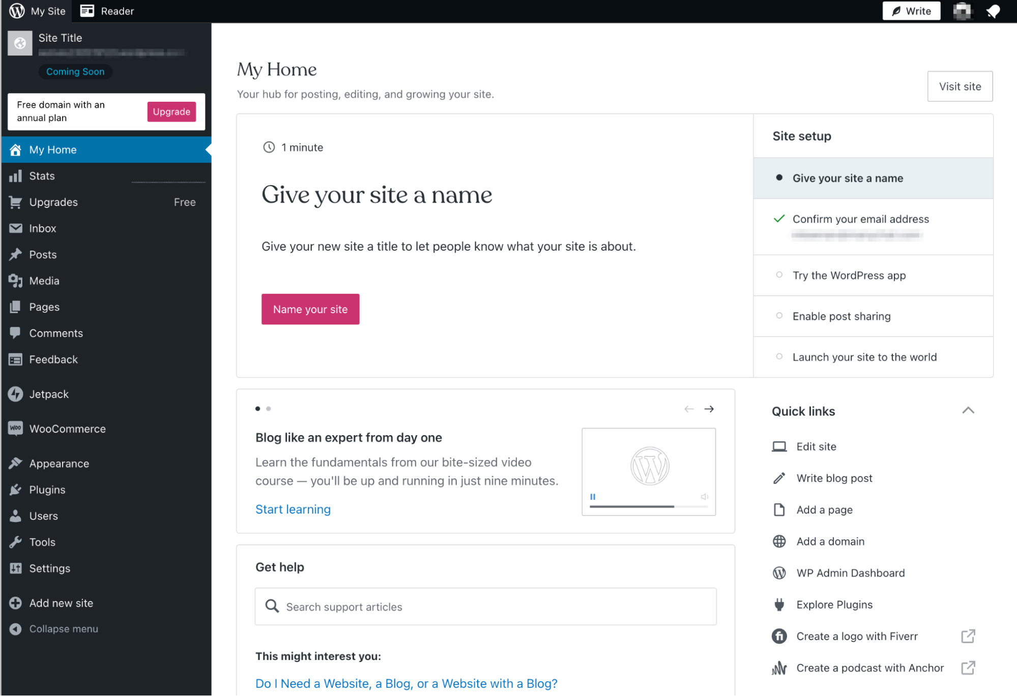 The Wordpress admin homepage demonstrating its site setup checklist