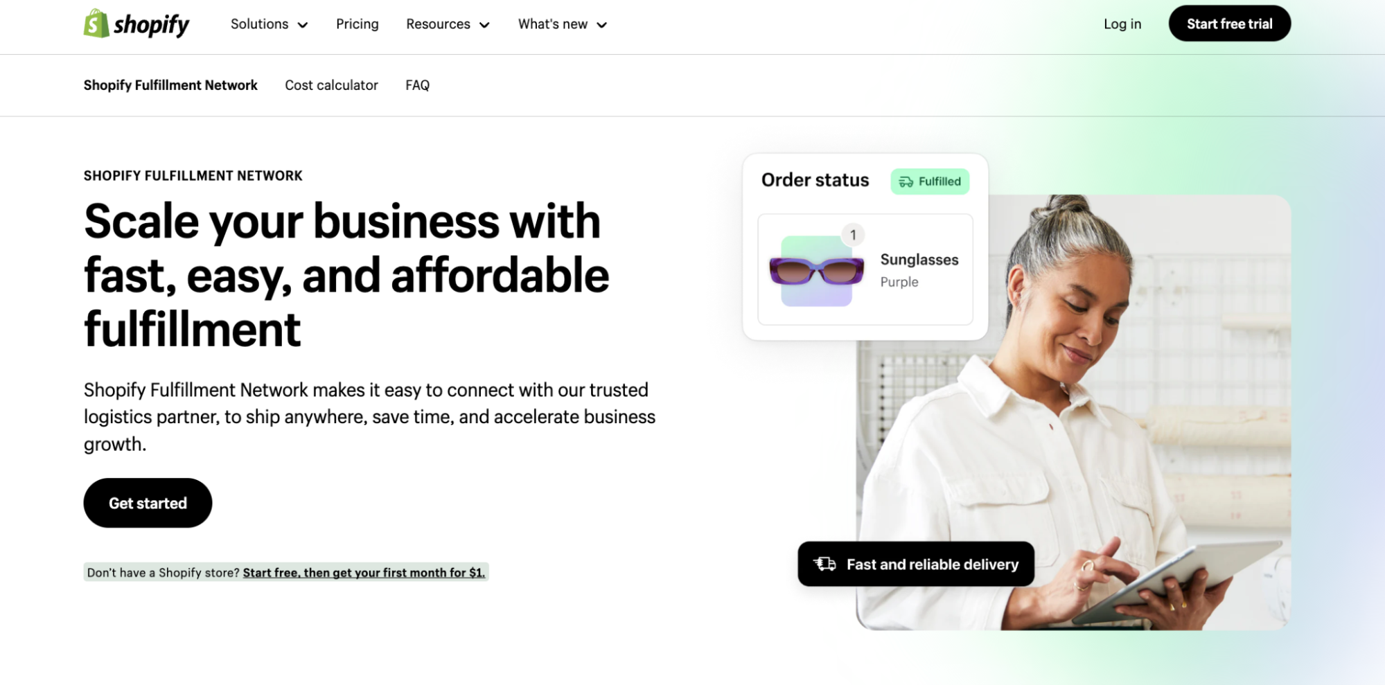 Shopify Fulfillment Network landing page: Inset image layers of sunglasses product page and woman.