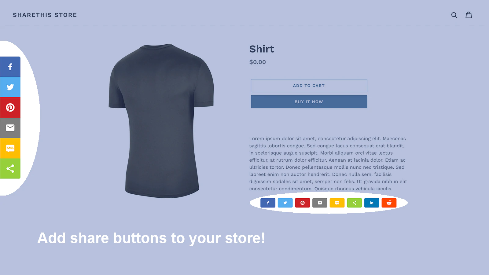 Screenshot of what the ShareThis tool looks like in practice on an online store that sells tshirts