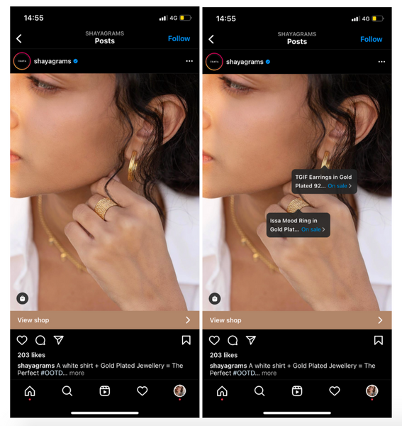 Screenshot of a shoppable post from Shayagram on Instagram featuring a close-up of a woman’s face. She’s wearing gold earrings, a gold necklace, and a gold ring.