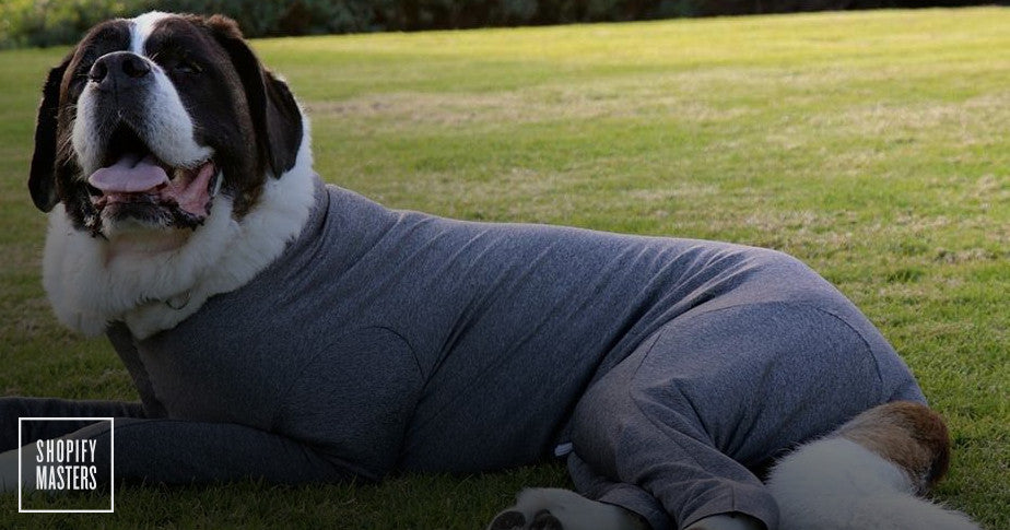 A dog laying on grass wearing a Shed Defender