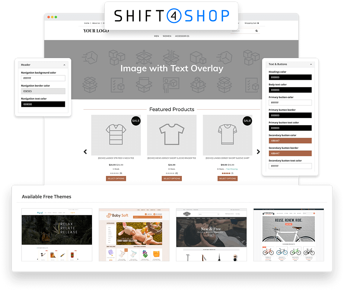 Collage of Shift4Shop online store-building features including free themes.