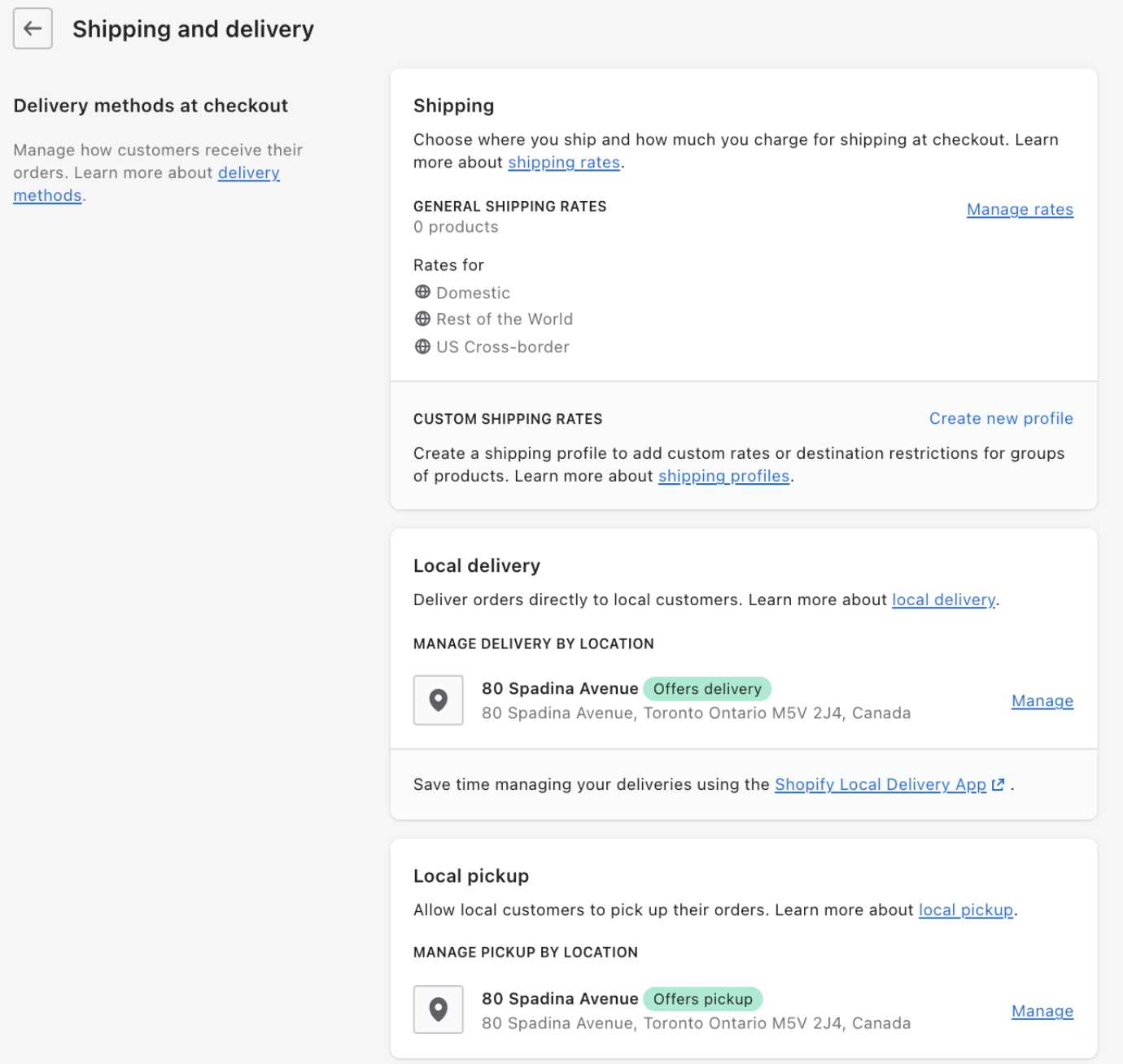 Shipping and delivery settings within a Shopify store, including shipping, local delivery, and local pickup options.