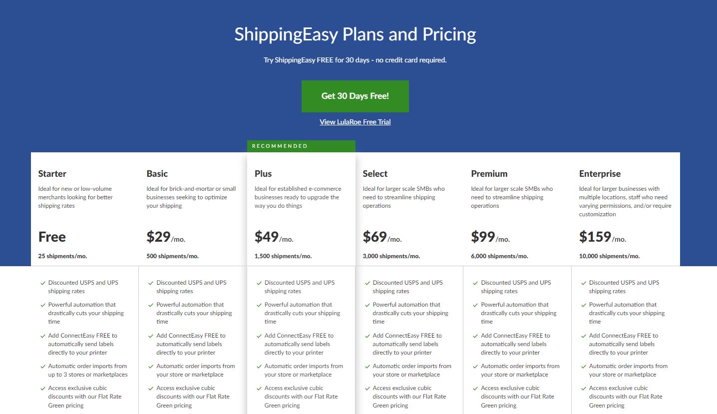 Screenshot of ShippingEasy price plans