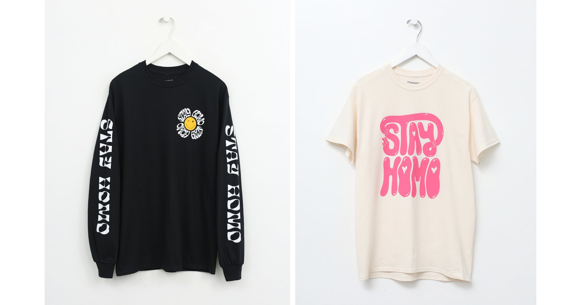 Short- and long-sleeve shirts from with "Stay Homo" text on them